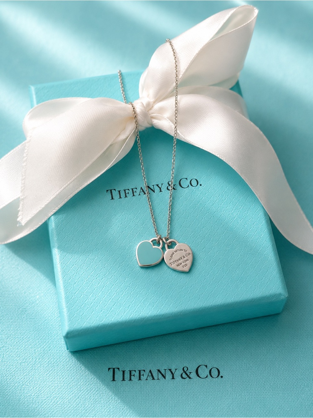 Authentic Tiffany & Co Blue Enamel Double Mini Hearts Pendant Necklace